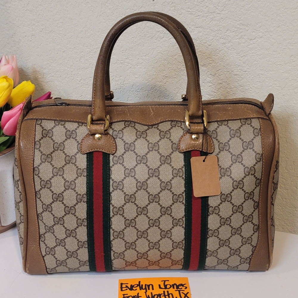 Gucci Boston 32 Green Sherry Line Canvas Handbag